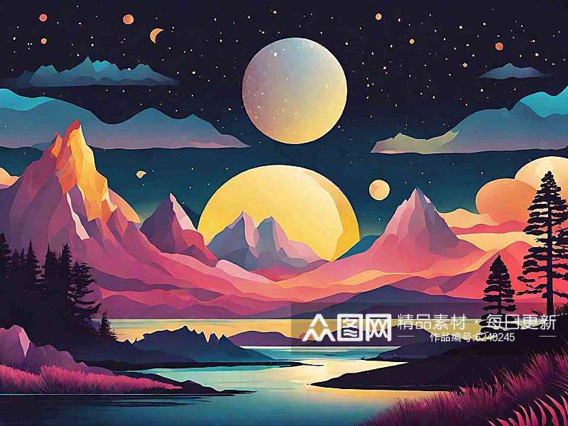 远山湖泊明月风景插画AI数字艺术素材