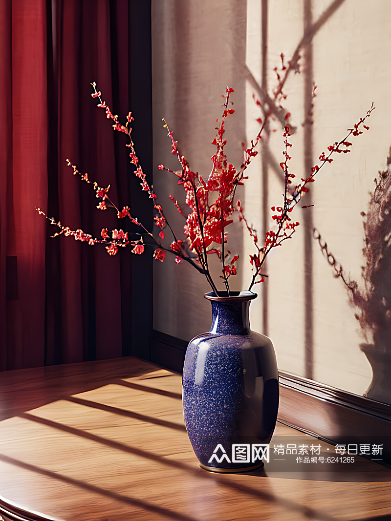 花瓶上的红梅花枝AI数字艺术素材