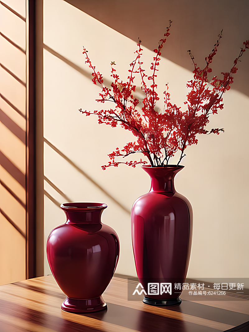 花瓶上的红梅花枝AI数字艺术素材