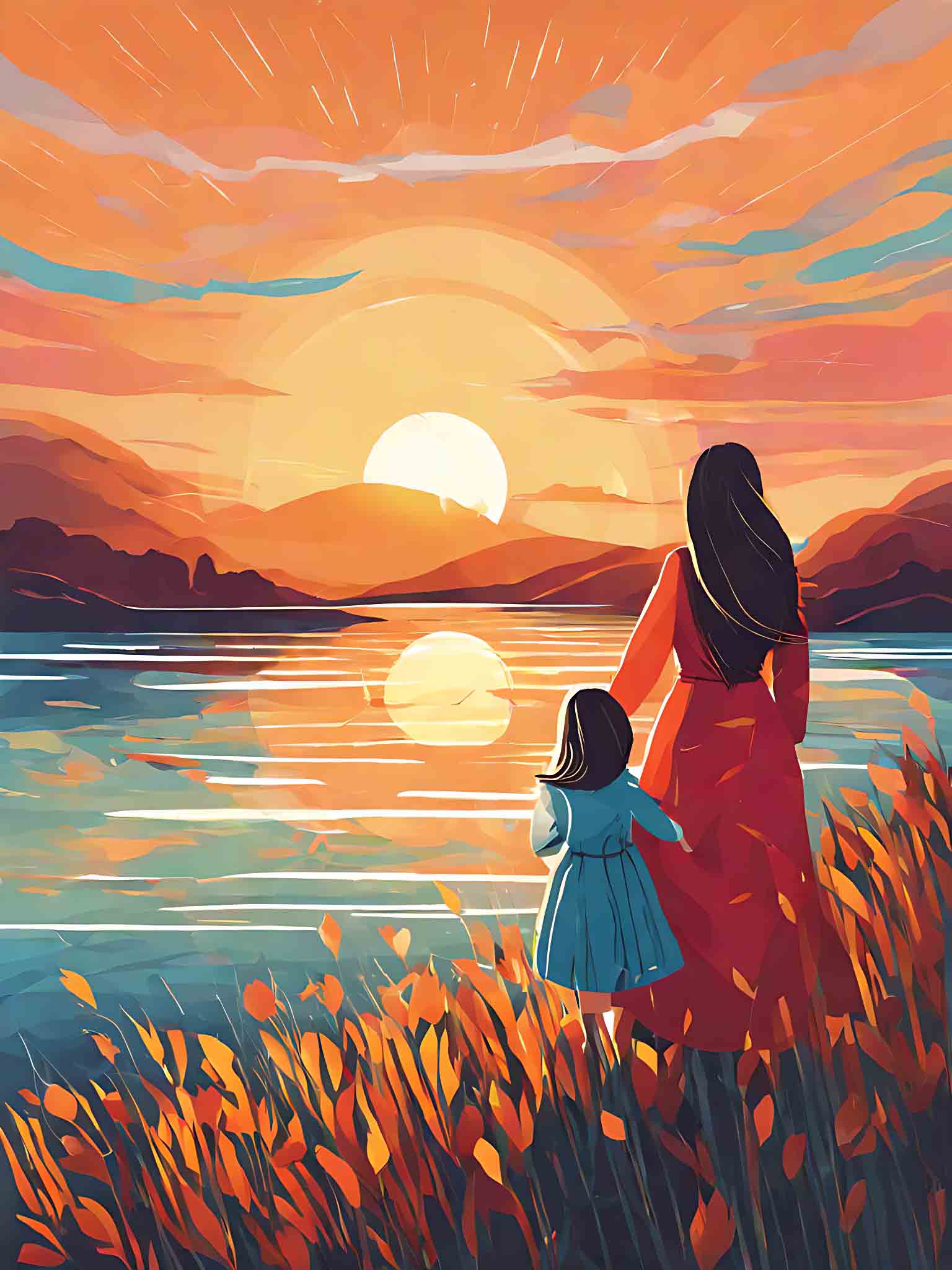 夕阳母女背影温馨插画AI数字艺术素材