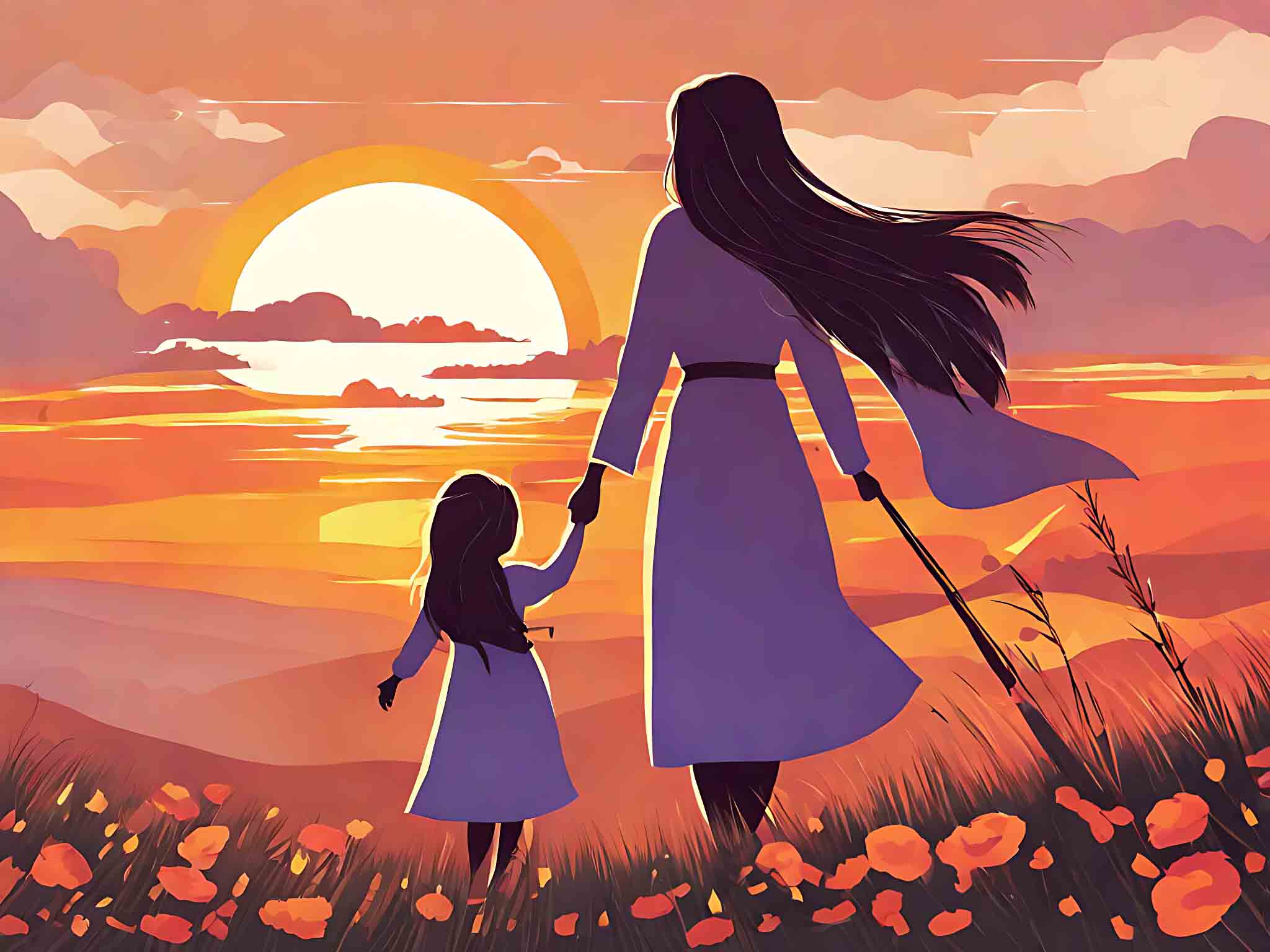 夕阳母女背影温馨插画AI数字艺术素材
