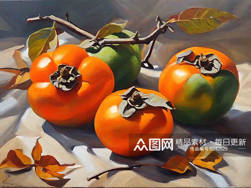 秋天熟透的柿子油画AI数字艺术素材