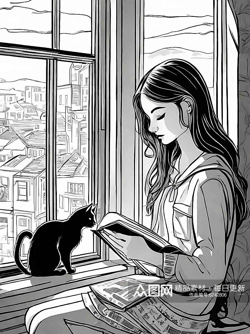 漫画风猫咪和女孩AI数字艺术素材