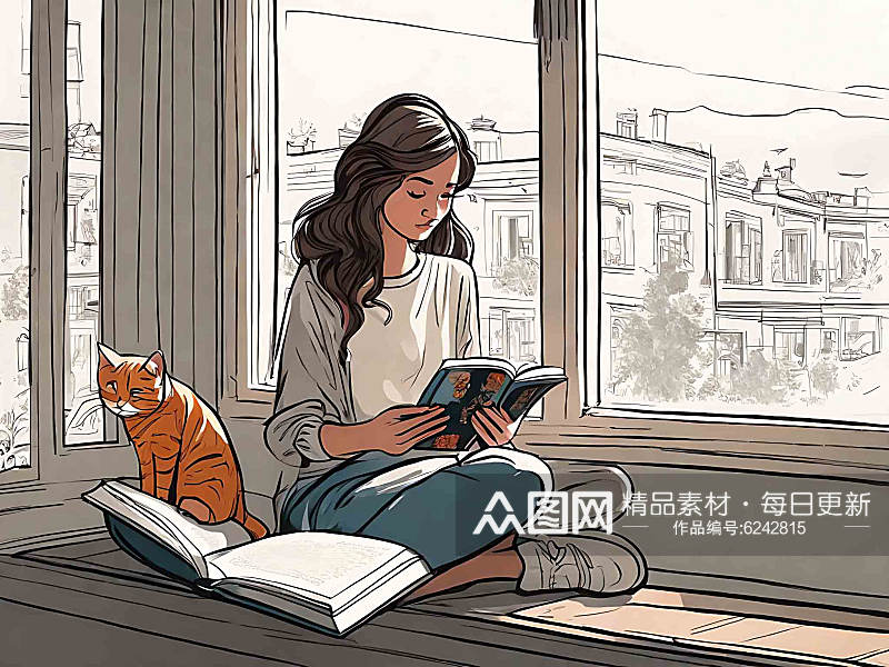 漫画风猫咪和女孩AI数字艺术素材