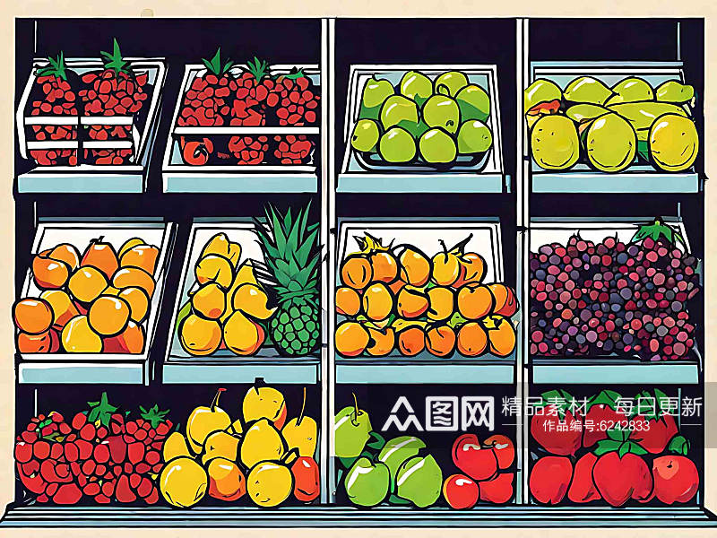 漫画风超市货架上的蔬果AI数字艺术素材