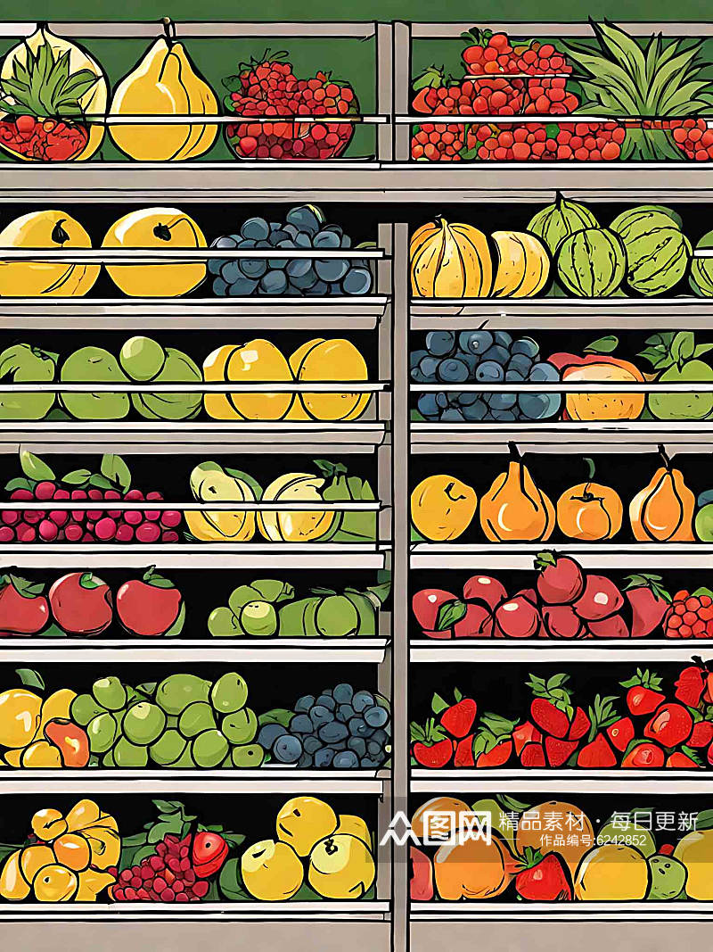 漫画风超市货架上的蔬果AI数字艺术素材