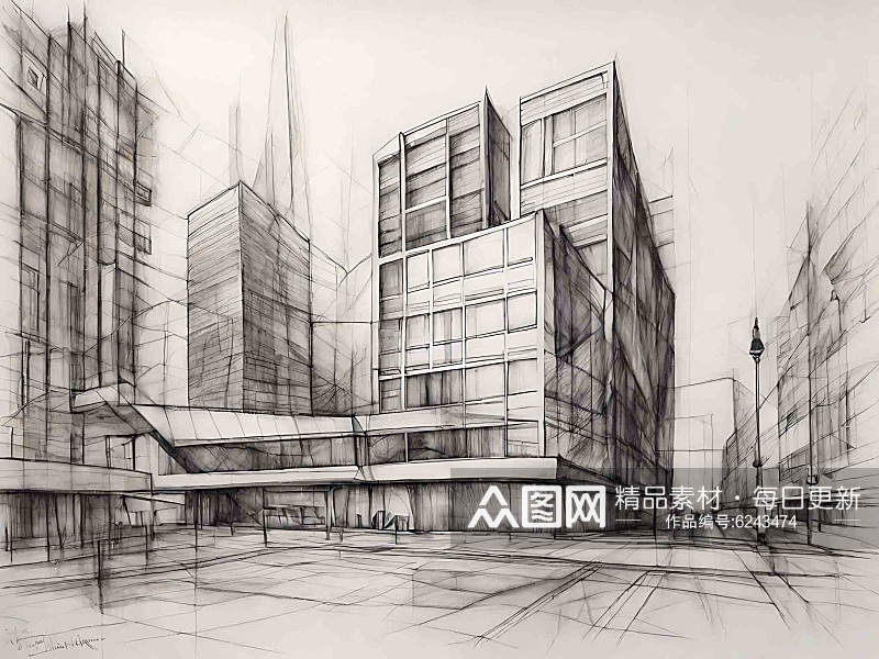 城市建筑铅笔速写AI数字艺术素材
