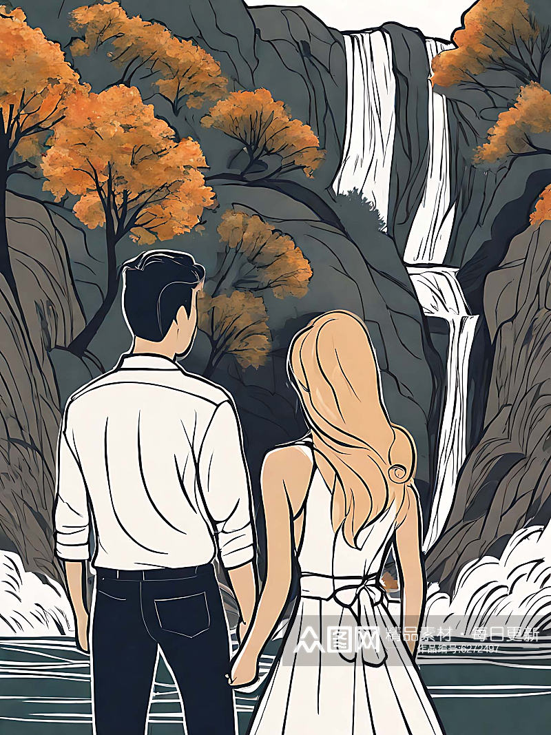 一起看瀑布的情侣插画AI数字艺术素材