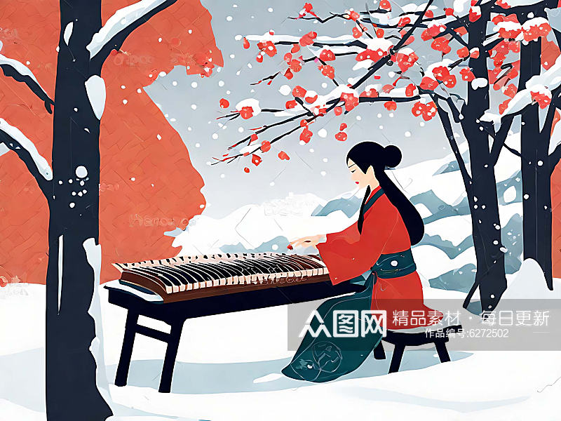 雪天里弹古筝的美女插画AI数字艺术素材