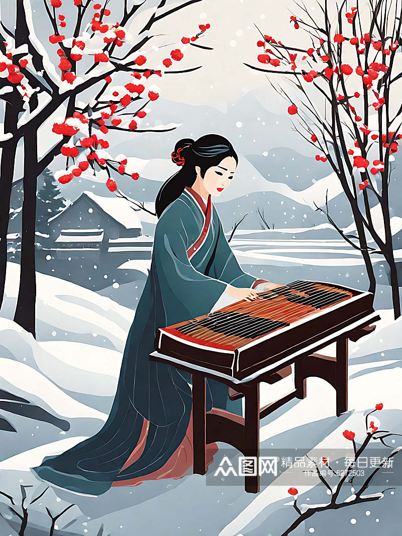 雪天里弹古筝的美女插画AI数字艺术素材