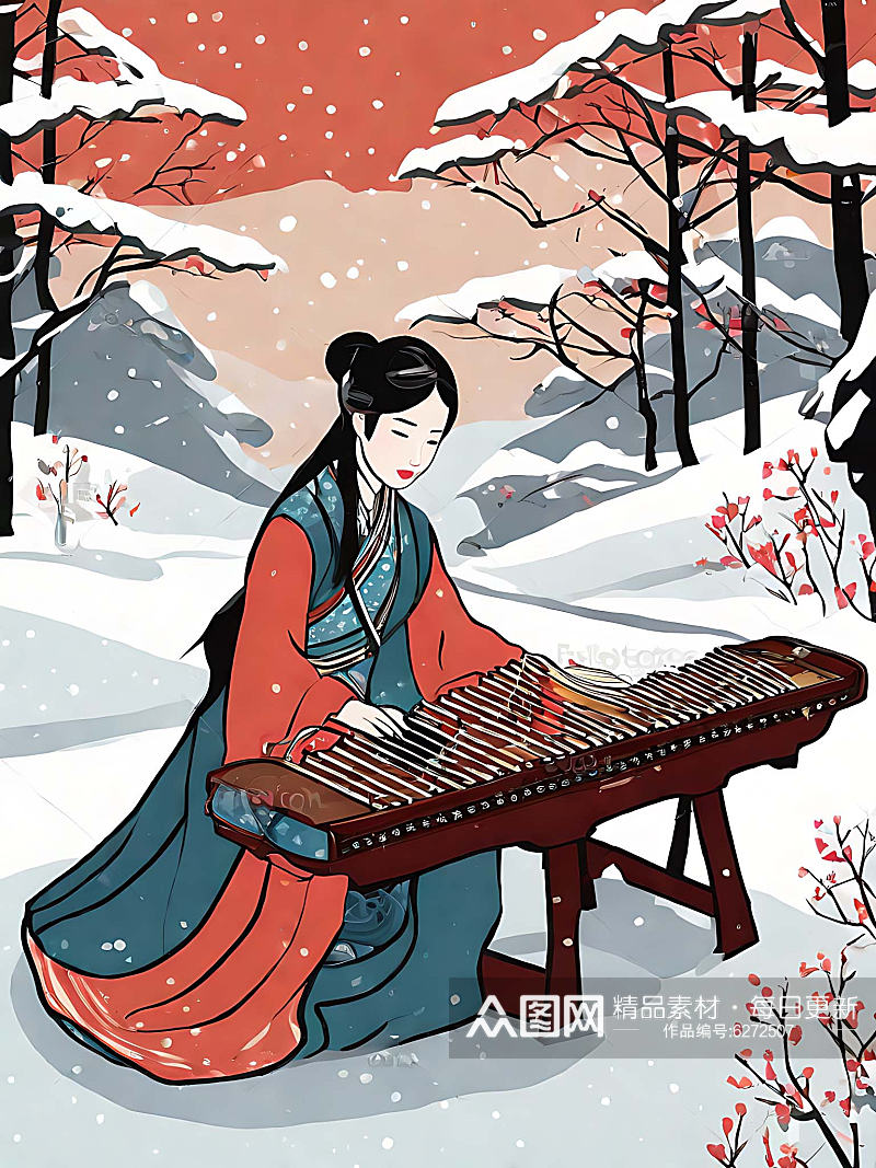 雪天里弹古筝的美女插画AI数字艺术素材