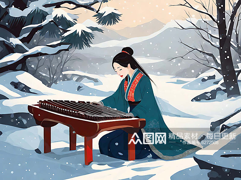 雪天里弹古筝的美女插画AI数字艺术素材