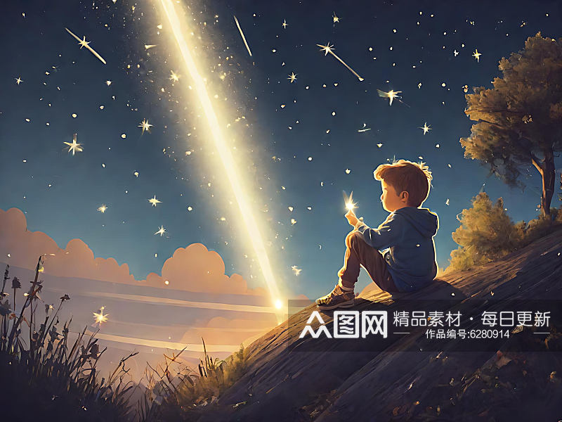 流星下许愿的人插画AI数字艺术素材