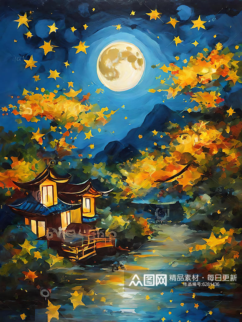 中秋夜晚星空油画AI数字艺术素材