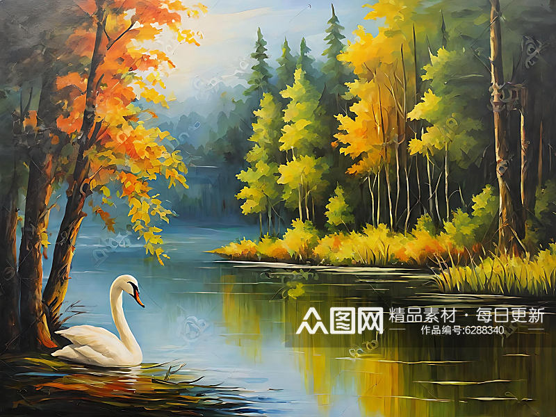 森林天鹅唯美油画AI数字艺术素材