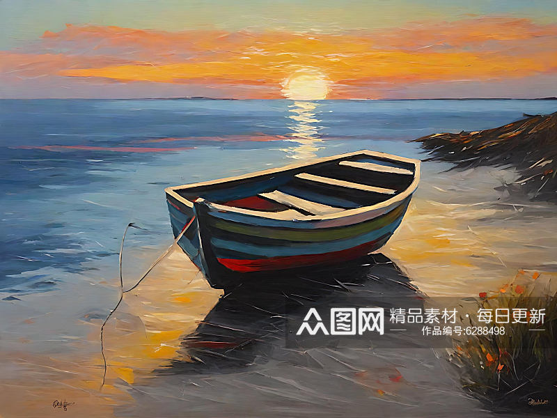 黄昏海边的船油画AI数字艺术素材