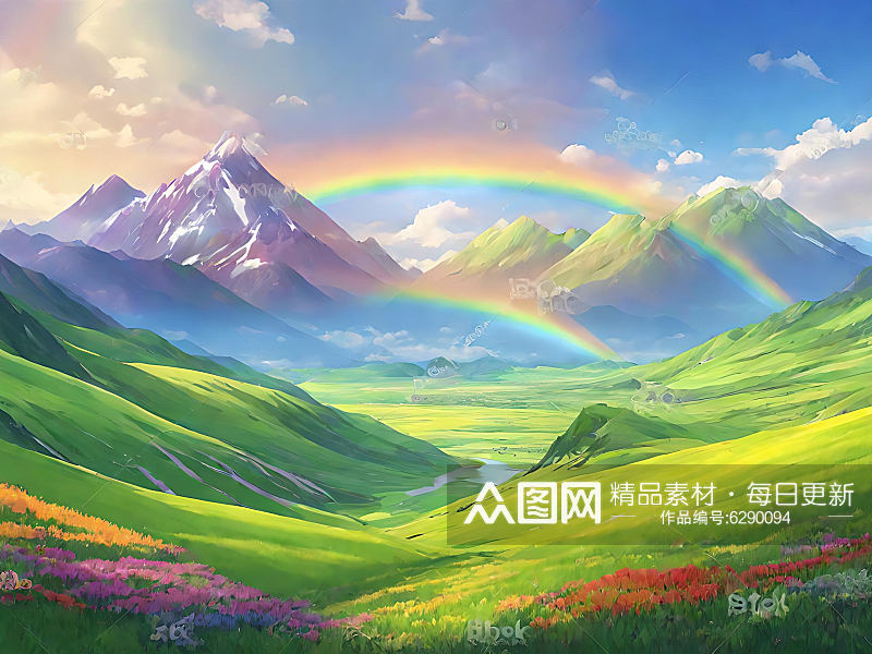 春季山野草地上的彩虹AI数字艺术素材