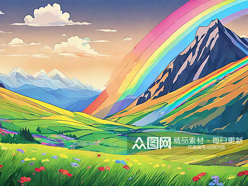 春季山野草地上的彩虹AI数字艺术素材