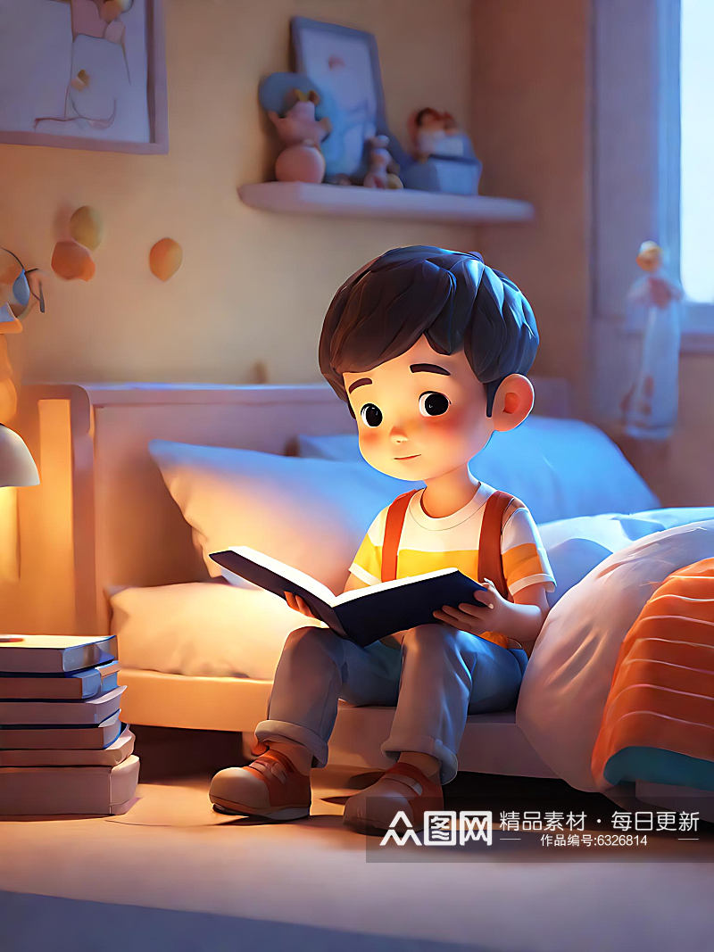 C4D在床上看书的男孩AI数字艺术素材