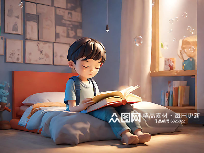 C4D在床上看书的男孩AI数字艺术素材
