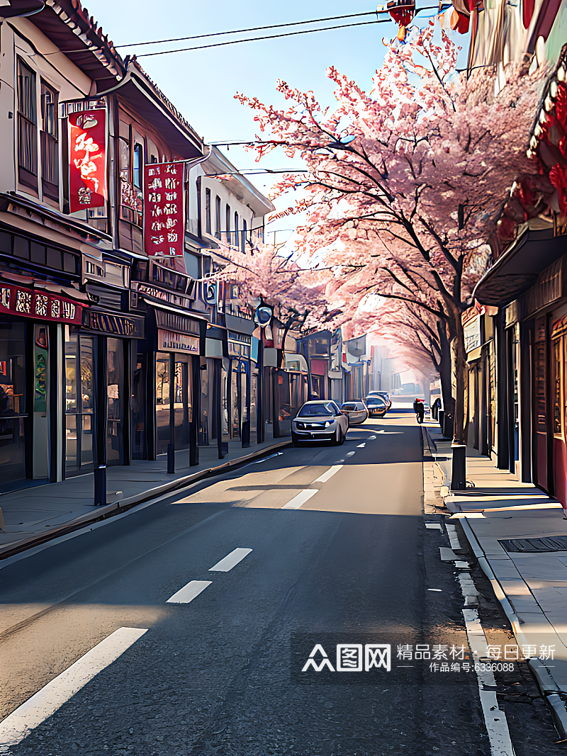 摄影风桃花盛开的街道AI数字艺术素材