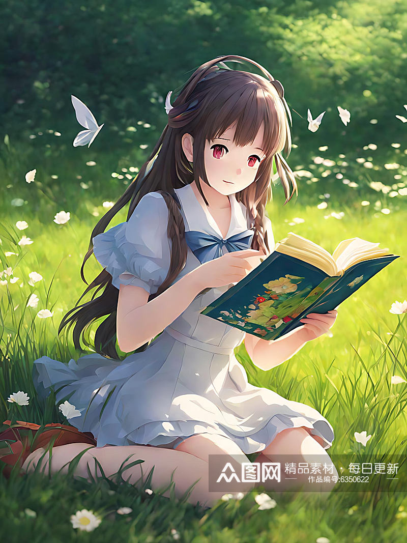 动漫风坐在草地上看书的女孩AI数字艺术素材
