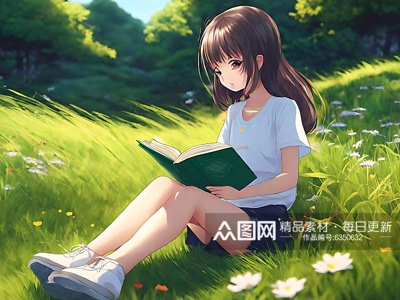 动漫风坐在草地上看书的女孩AI数字艺术素材