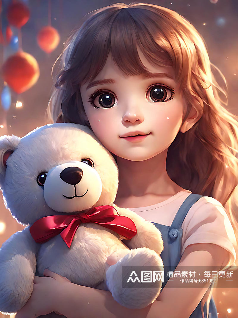 二次元抱玩具熊的女孩插画AI数字艺术素材