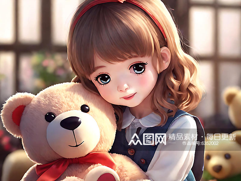 二次元抱玩具熊的女孩插画AI数字艺术素材