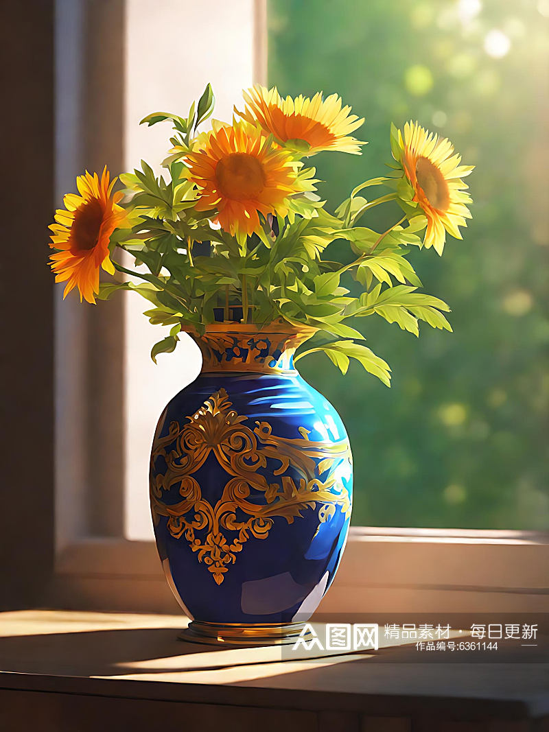 二次元被阳光照射的一瓶花AI数字艺术素材