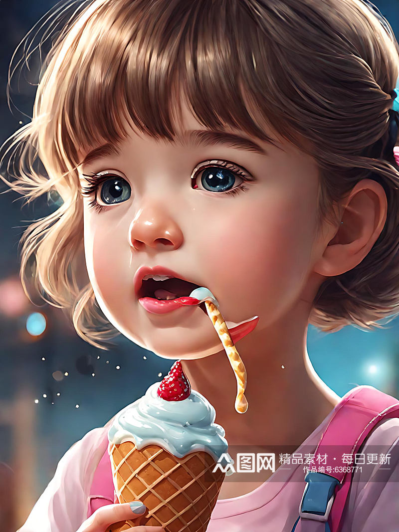 二次元吃雪糕的小女孩AI数字艺术素材