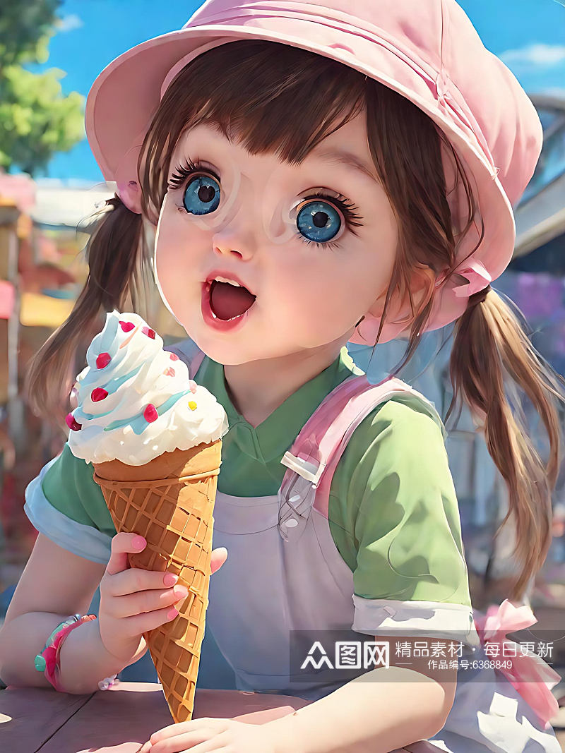 二次元吃雪糕的小女孩AI数字艺术素材