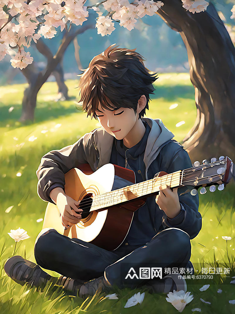 二次元在草地上弹吉他的男孩AI数字艺术素材