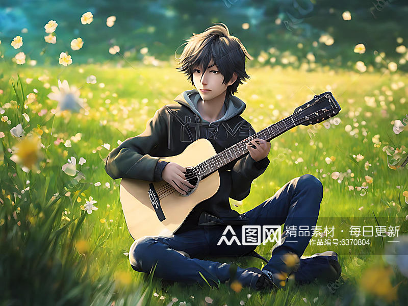 二次元在草地上弹吉他的男孩AI数字艺术素材