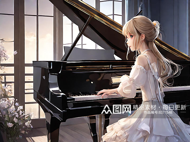 二次元弹钢琴的女孩AI数字艺术素材