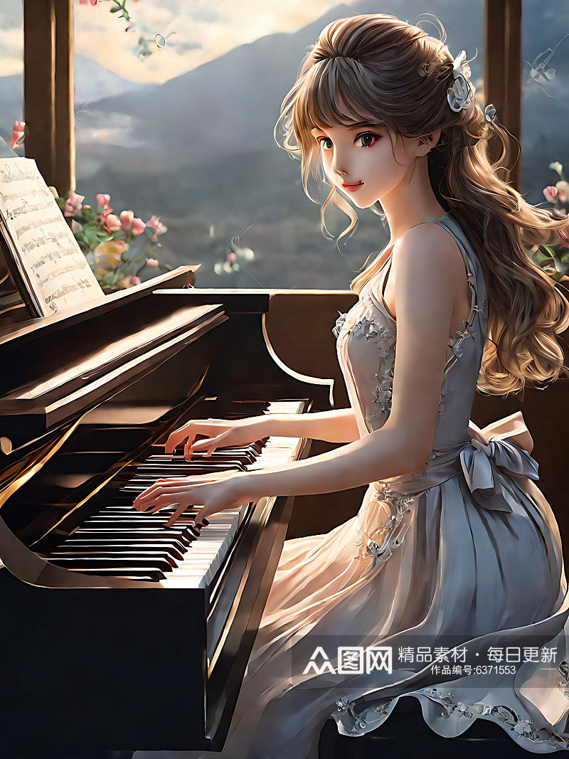 二次元弹钢琴的女孩AI数字艺术素材