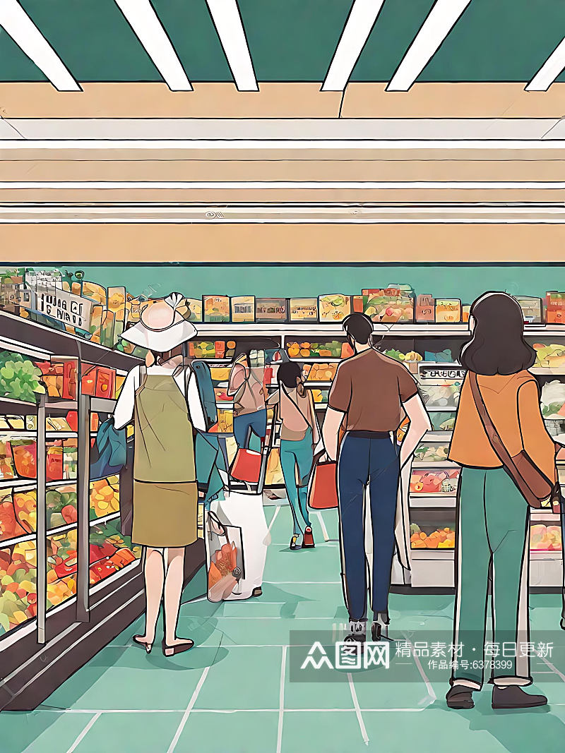 吉卜力风超市的人群AI数字艺术素材
