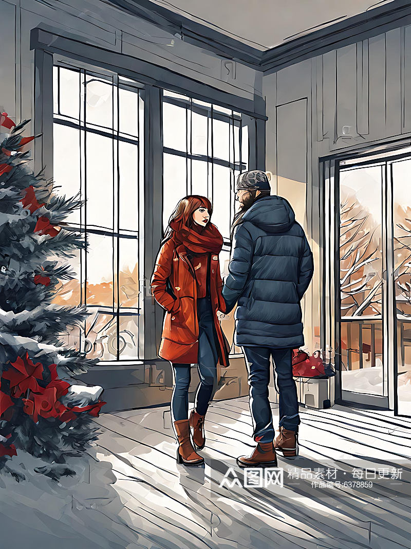 冬天室内的情侣插画AI数字艺术素材