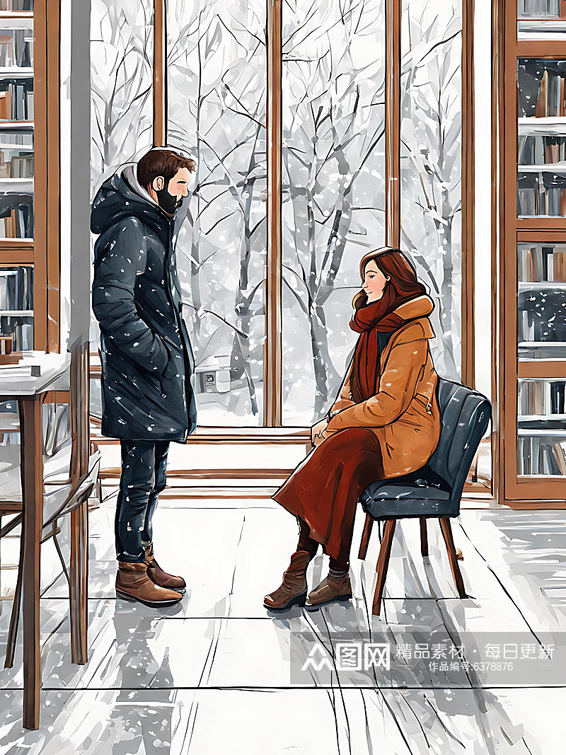 冬天室内的情侣插画AI数字艺术素材
