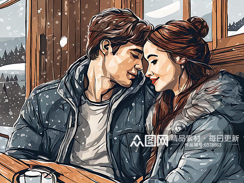 冬天的情侣插画AI数字艺术素材