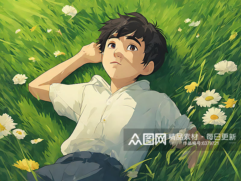 吉卜力风躺在草地上的男孩AI数字艺术素材