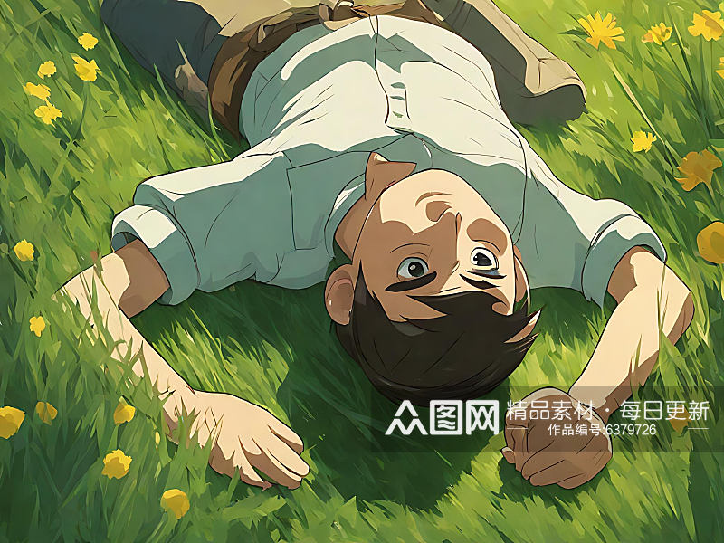 吉卜力风躺在草地上的男孩AI数字艺术素材
