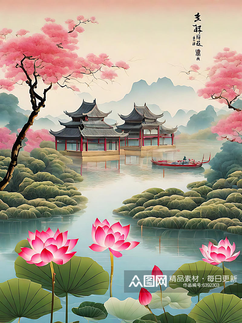 中国风江南风景工笔画AI数字艺术素材