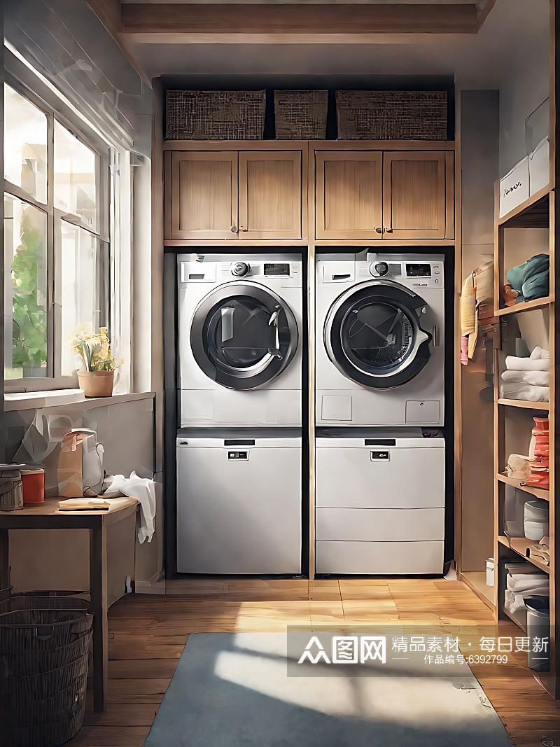 二次元现代洗衣房AI数字艺术素材