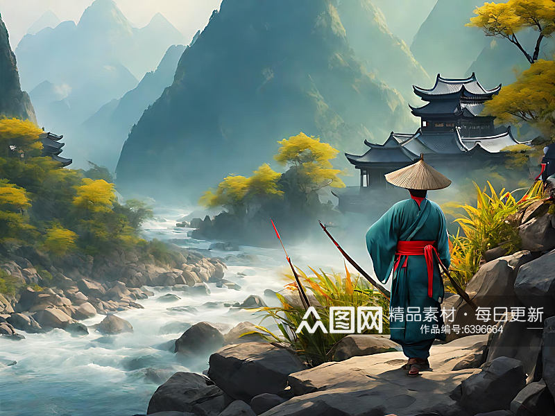 中国风险峻群山插画AI数字艺术素材