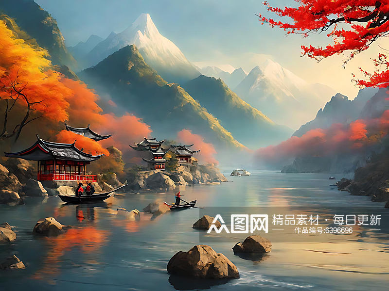 中国风险峻群山插画AI数字艺术素材