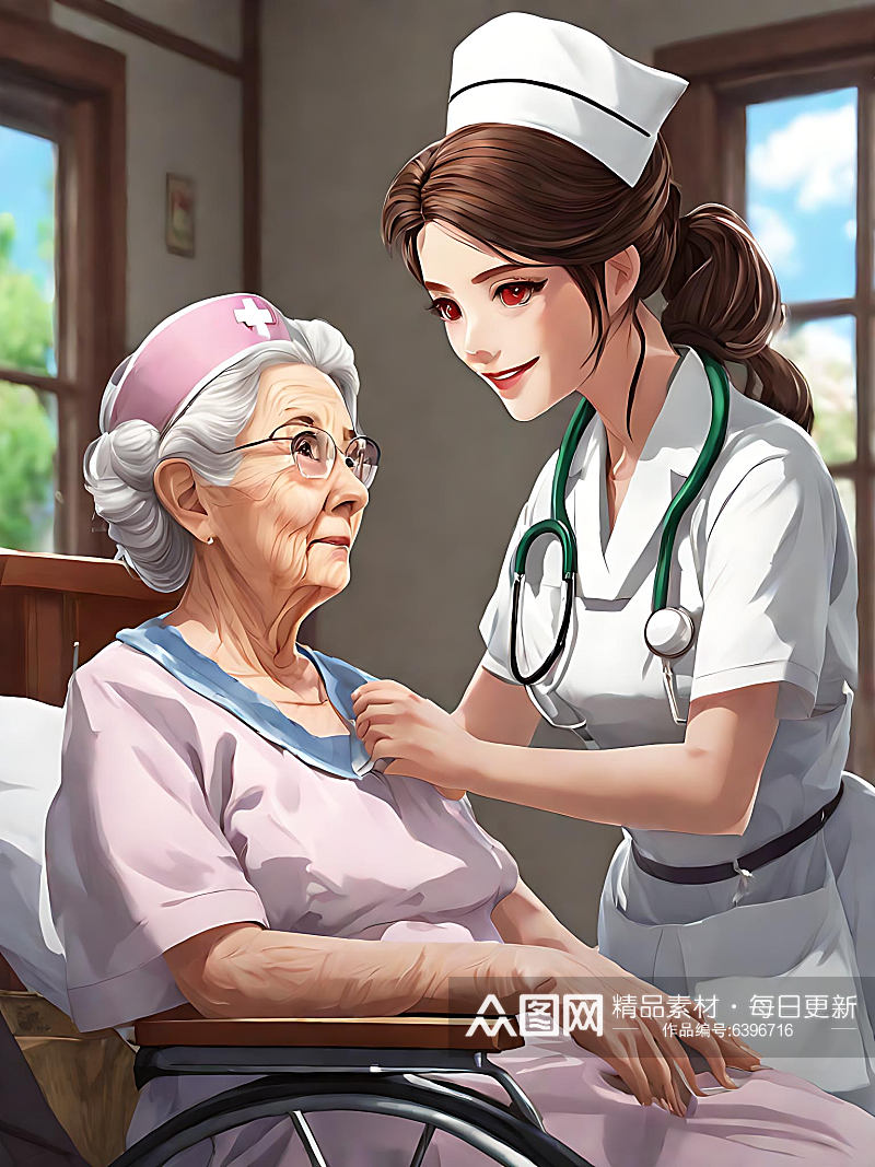动漫风照顾老人的护士AI数字艺术素材