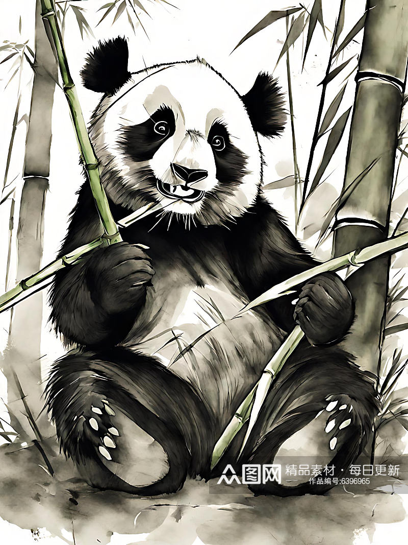 吃竹子的熊猫水墨画AI数字艺术素材