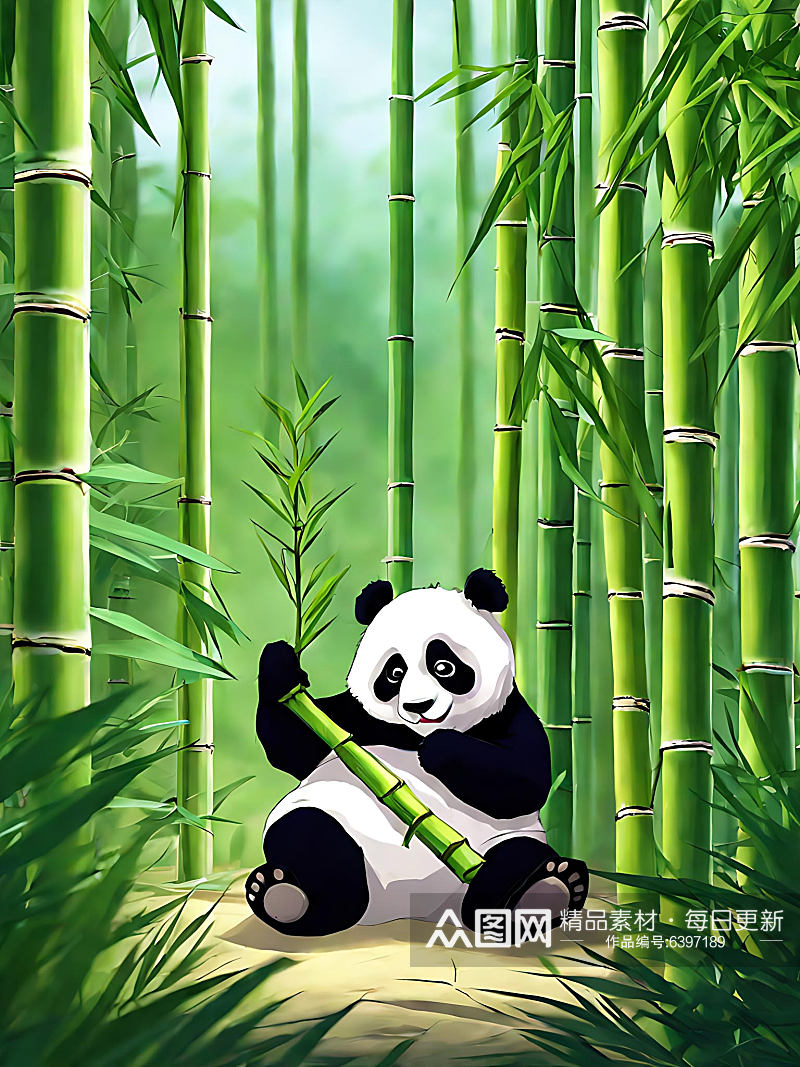 卡通风吃竹子的熊猫AI数字艺术素材