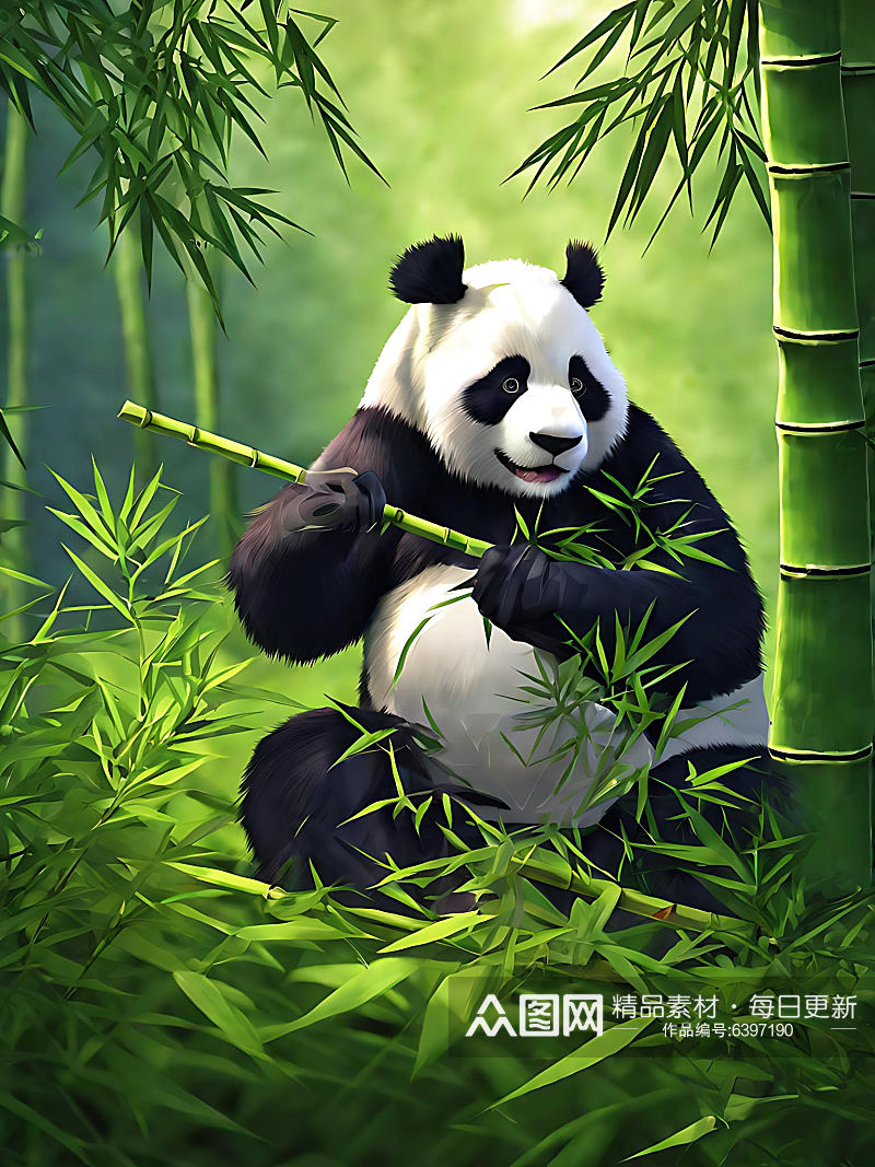 卡通风吃竹子的熊猫AI数字艺术素材
